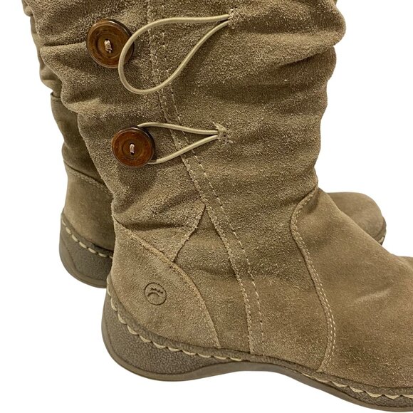 Bear Traps Stay Dry Suede Mid-Calf Tan Boots With Faux Fur Trim Button Accents - Picture 2 of 11